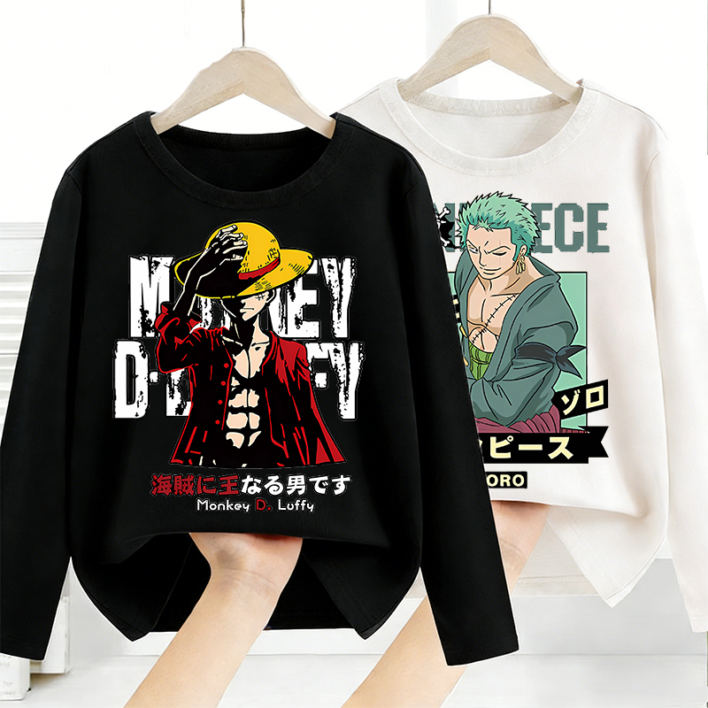 Anime Cosplay One Piece - ワンピース長袖アニメプリントトップスベースレイヤーシャツ少年少女 Tシャツファッションプルオーバー子供 Tシャツ春秋服