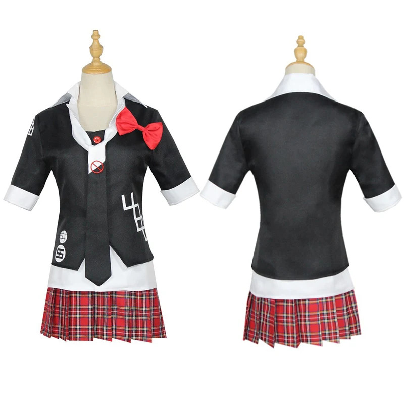 Anime Cosplay Cafe - アニメダンガンロンパコスプレ衣装江ノ島盾子制服カフェ服ショートスカートダブルテールブレイドウィッグモノクマベアヘッドウェア