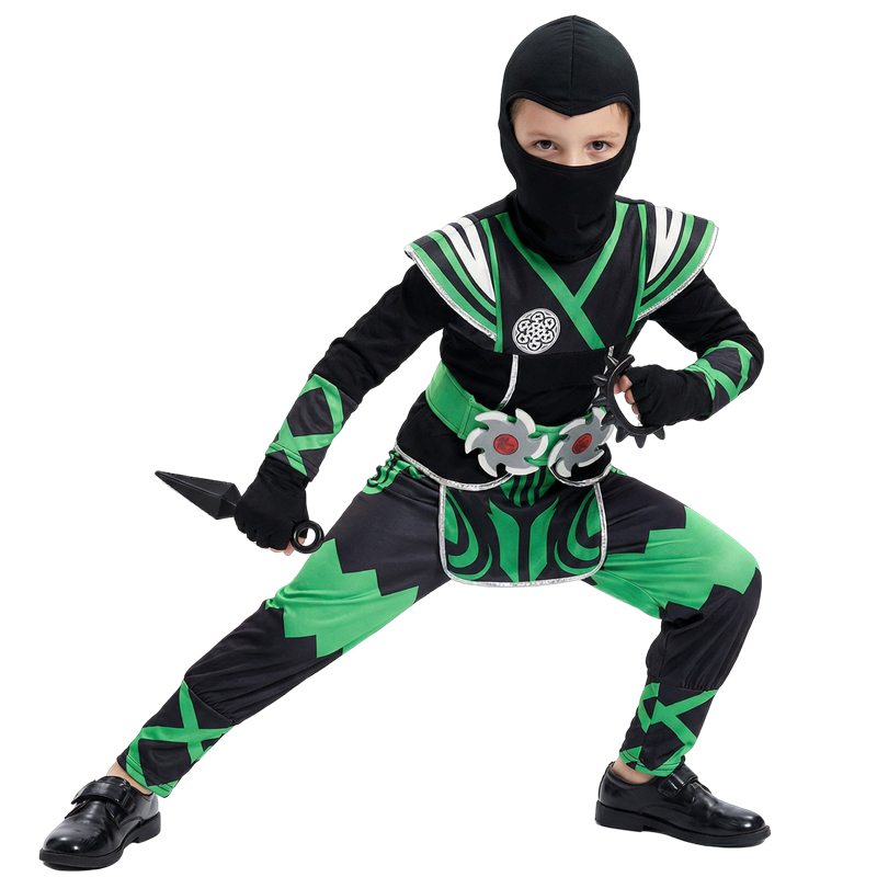 Cosplay Anime Boy - 日本の忍者コスチュームセット 子供用 グリーンサムライドレスアップ 9ピースおもちゃギフト付き ハロウィンコスプレ 男の子/女の子