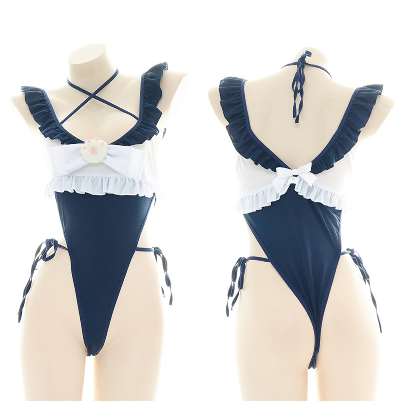 Anime Cosplay One Piece - かわいいフリルエッジワンピース水着女性ハイスプリットボディスーツアニメメイドコスプレ水着猫の爪デザイン包帯ビキニ