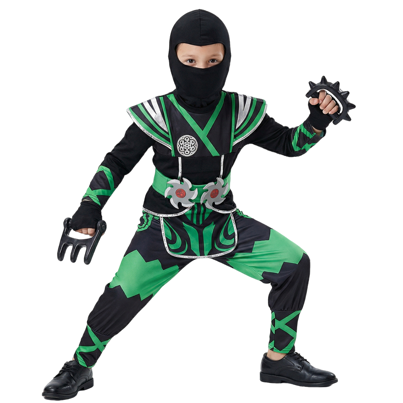 Cosplay Anime Boy - グリーン忍者コスチューム 子供用 9PCおもちゃセット付き ハロウィン ロールプレイ サムライ衣装