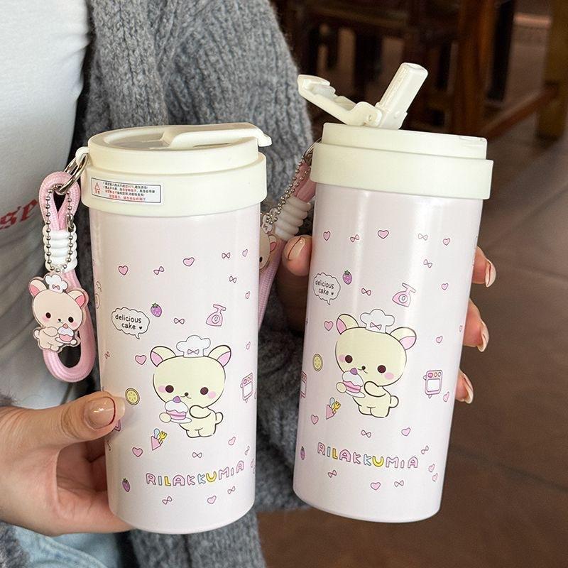 Anime Cosplay Cafe - 500ml ケーキ柄リトルベアプリント コリラックマ ダブルドリンクコーヒーカップ ランヤード付き 水筒