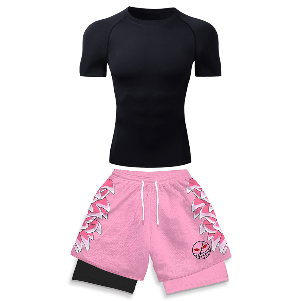 Anime & Cosplay Expo Acx 2025 - 高弾性ワークアウトウェア男性用ホワイトコンプレッションTシャツ＆ピンク3Dグラフィックプリントランニングショーツアニメジムジョギングウェア