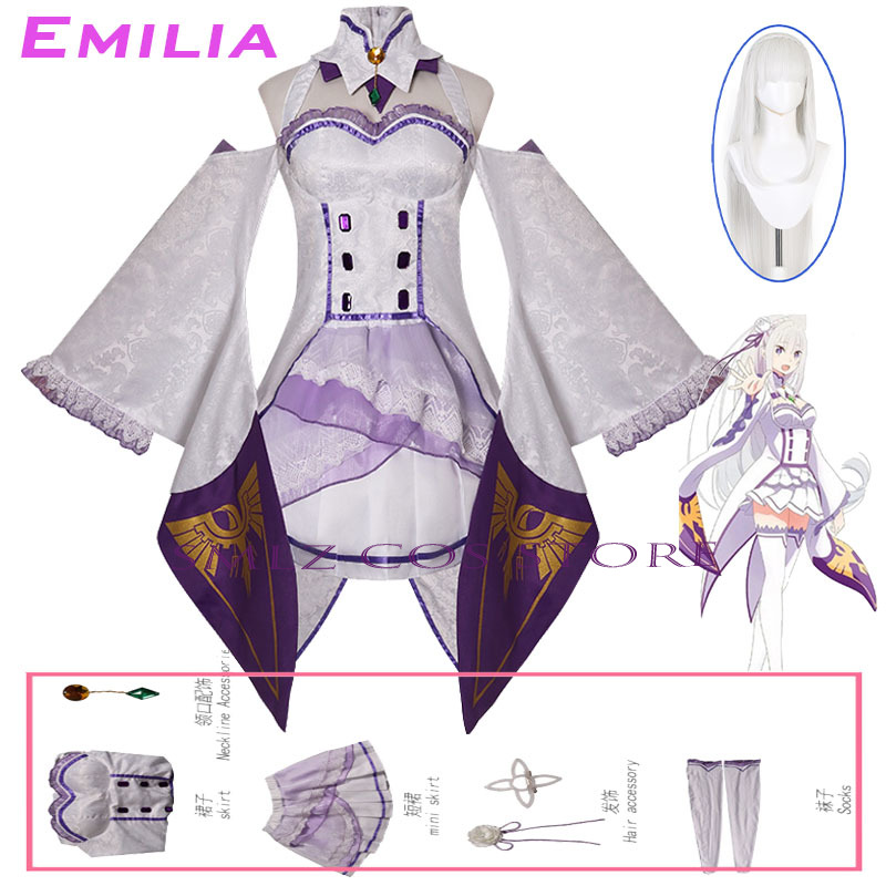 エミリアコスプレアニメ再ゼロカラハジメル異世界生活衣装白制服 - Anime Cosplay Wig のレビューと価格