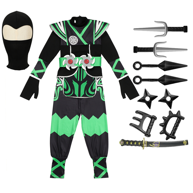 日本の忍者コスチュームセット 子供用 グリーンサムライドレス - Cosplay Anime Boy のレビューと価格