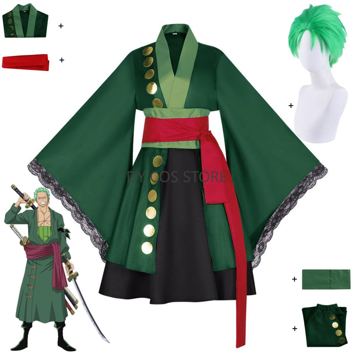 アニメロロノア・ゾロコスプレ衣装ワノ国国女性緑日本の着物ロリ - Anime Zoro Cosplay Female のレビューと価格